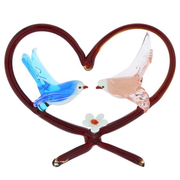 Murano Glass Birds On Red Heart - Blue and Pink