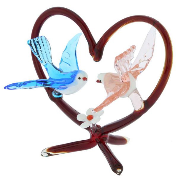 Murano Glass Birds On Red Heart - Blue and Pink