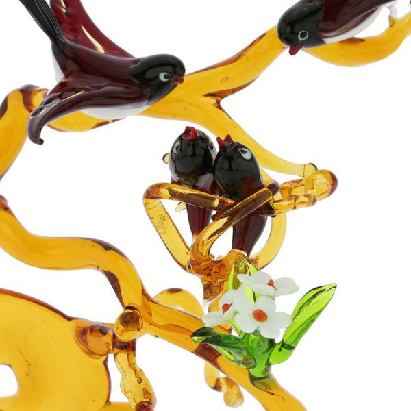Murano Glass Birds on a Branch with Nest - Red