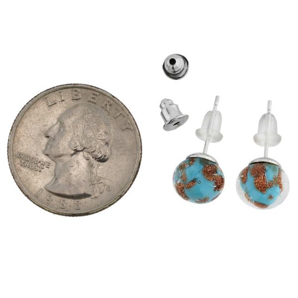 Murano Ball Stud Earrings - Sparkling Aqua Blue