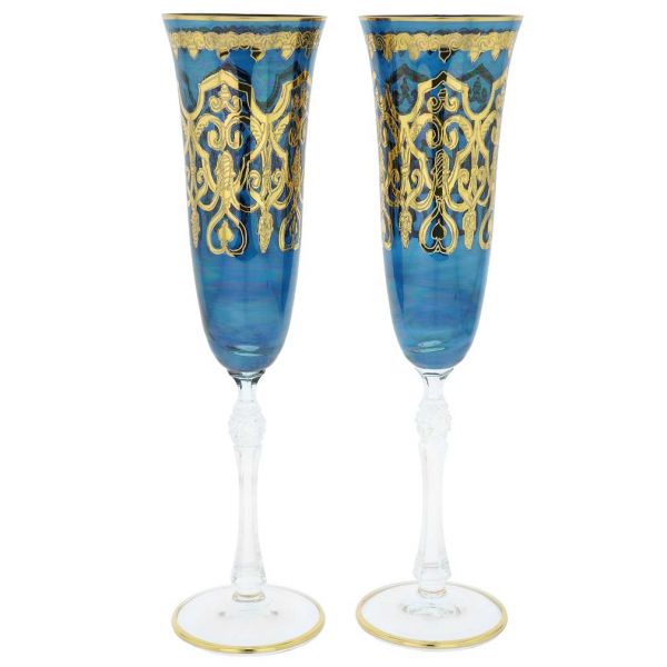 Set Of Two Murano Glass Alba Champagne Flutes - Blue