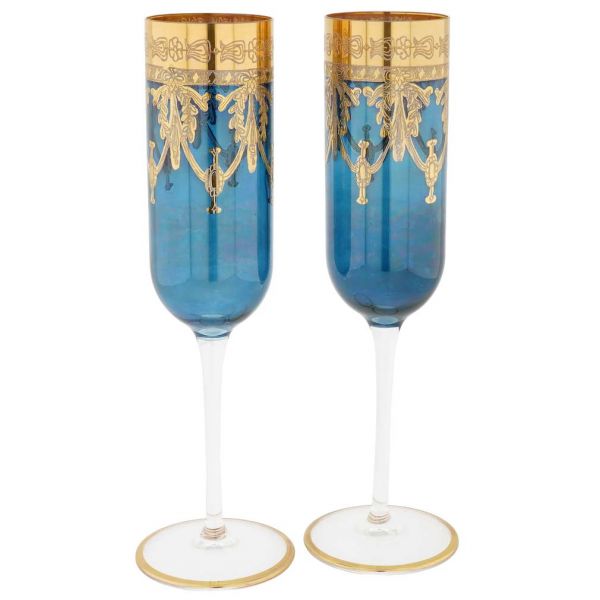 Set Of Two Murano Glass Champagne Flutes - Blue