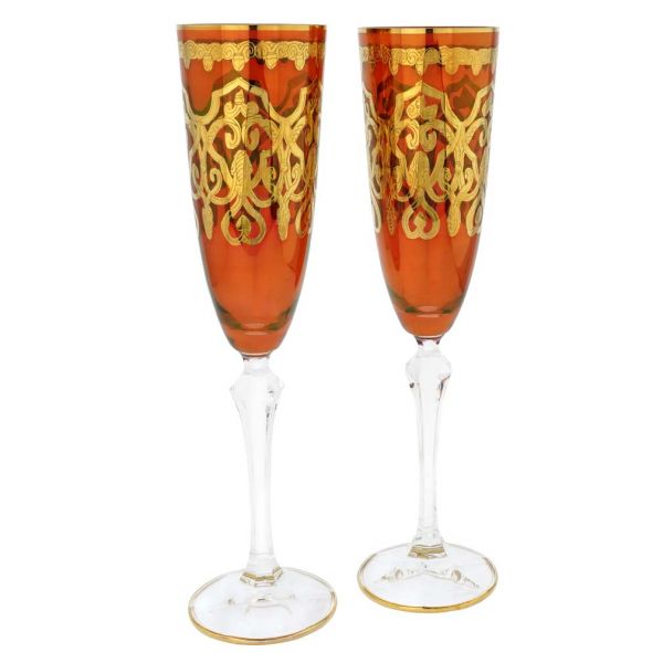 Set Of Two Murano Glass Champagne Flutes - Red