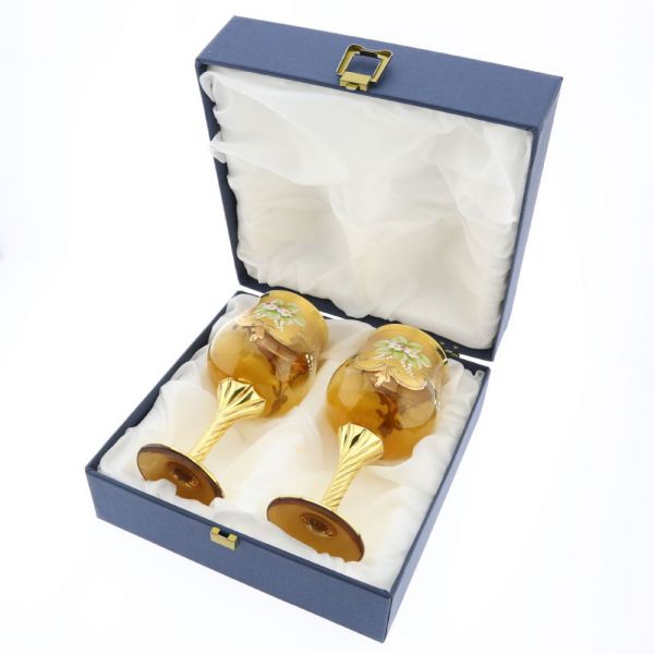 Set Of Two Murano Glass Wine Glasses 24K Gold Leaf - Golden Brown
