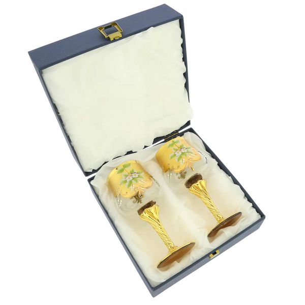 Set Of Two Murano Glass Wine Glasses 24K Gold Leaf - Transparent