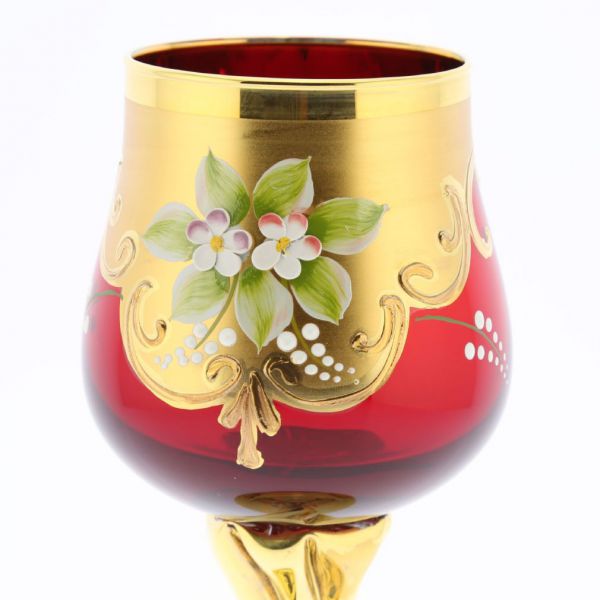 Set Of Two Murano Glass Wine Glasses 24K Gold Leaf - Red