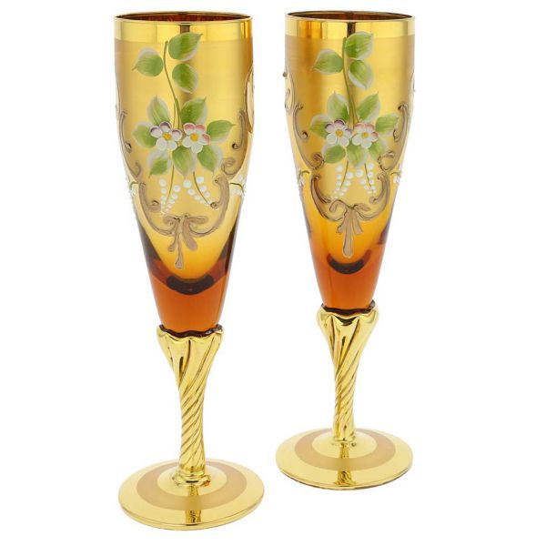 Set Of Two Figaro Murano Glass Champagne Flutes 24K Gold Leaf- Golden Brown