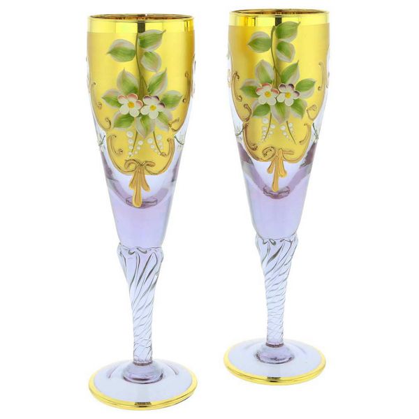 Set Of Two Murano Glass Champagne Flutes 24K Gold Leaf - Lavende
