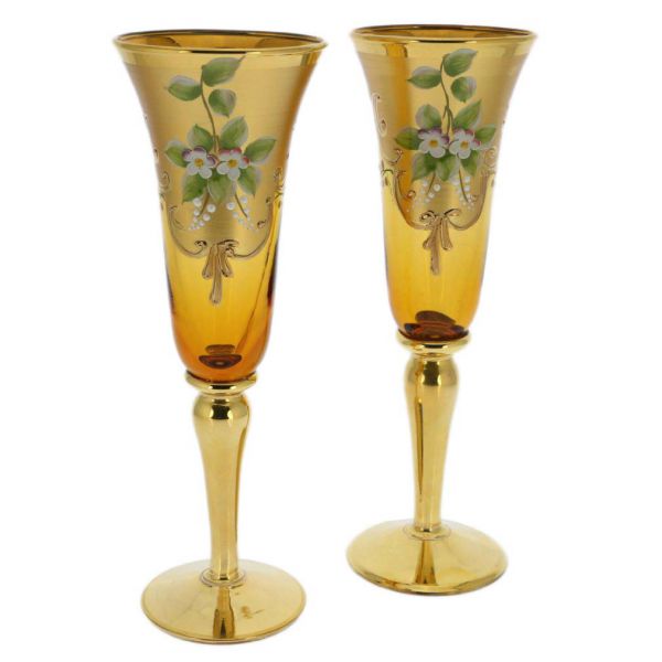 Set Of Two Murano Glass Champagne Flutes 24K Gold Leaf- Golden Brown