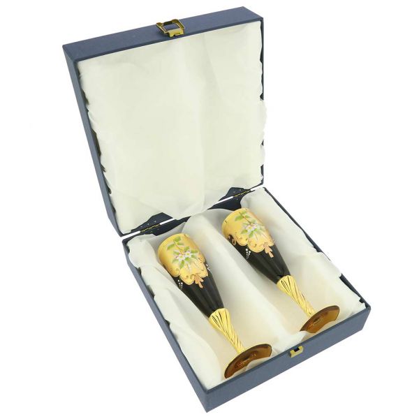 Set Of Two Murano Glass Champagne Flutes 24K Gold Leaf- Purple