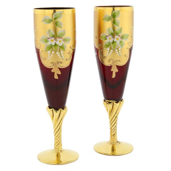 Set Of Two Murano Glass Champagne Flutes 24K Gold Leaf- Red