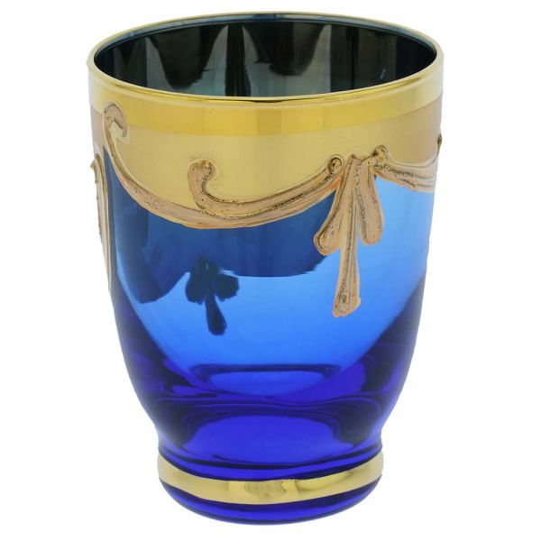 Murano Glass Decanter Set With Six Small Glasses 24K Gold Leaf - Blue