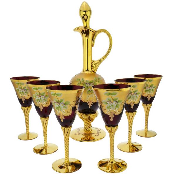 Murano Glass Decanters Murano Glass Decanter Set With Six Wine Glasses 24k Gold Leaf Red
