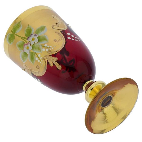 Murano Glass Decanter Set With Six Wine Glasses 24K Gold Leaf - Red
