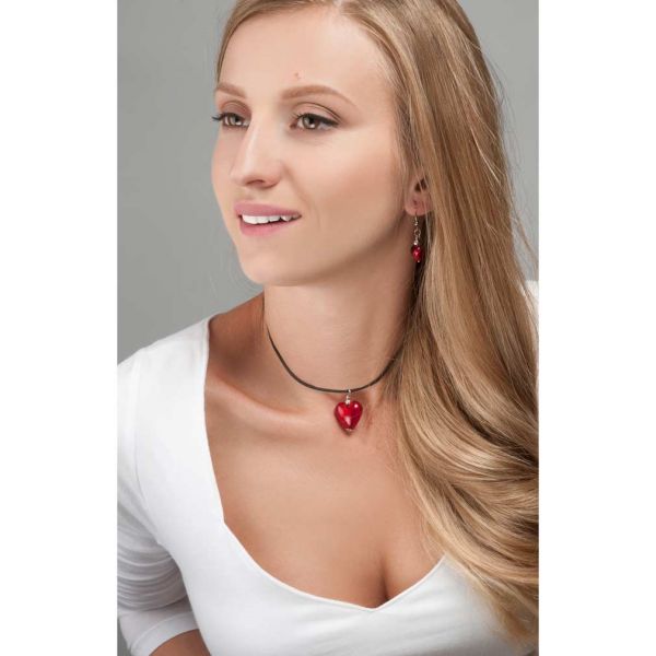 Venetian Reflections Puffed Heart Necklace and Earrings Set - Red