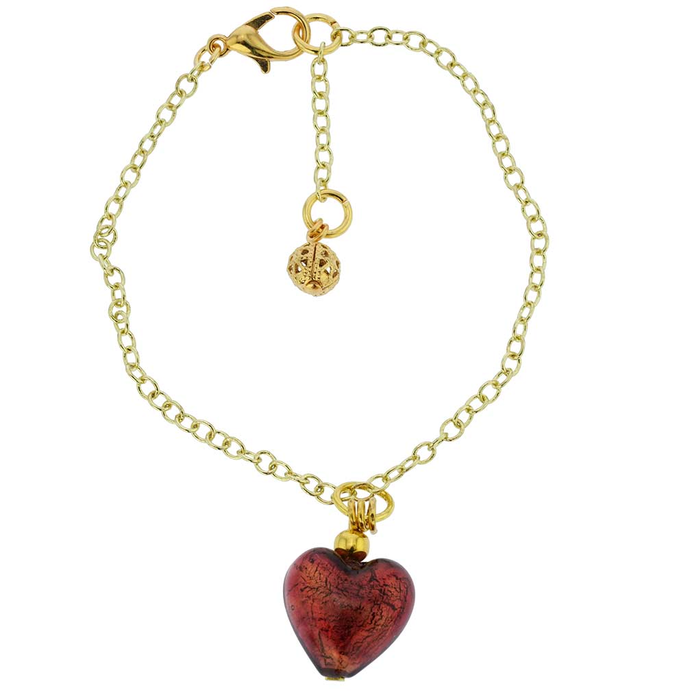 Murano Glass Heart Charm Bracelet - Purple Gold