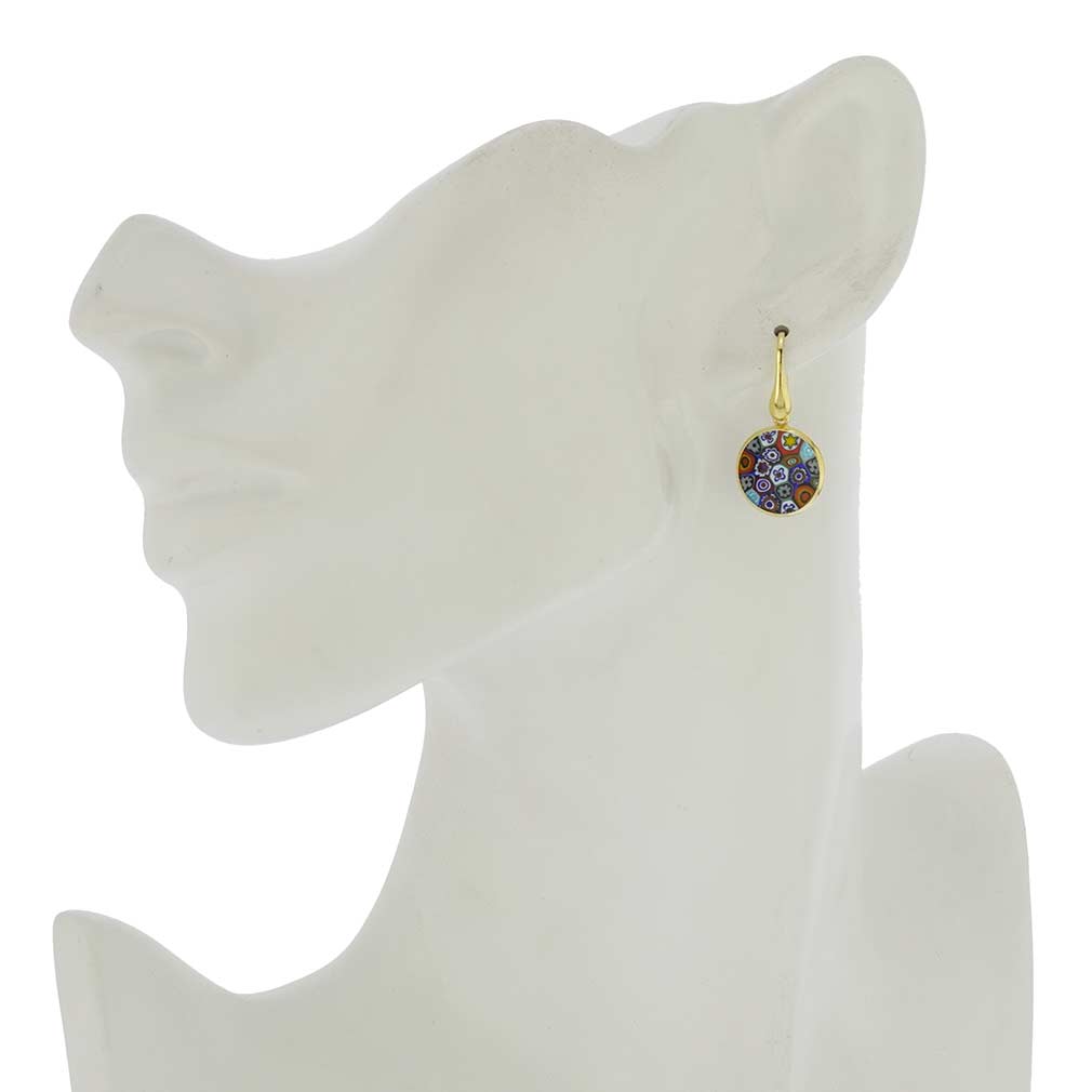 Millefiori Round Dangle Earrings \"Multicolor\" - Gold