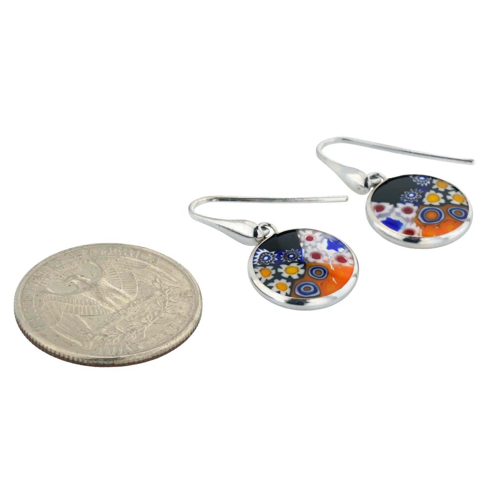 Millefiori Round Dangle Earrings -Silver