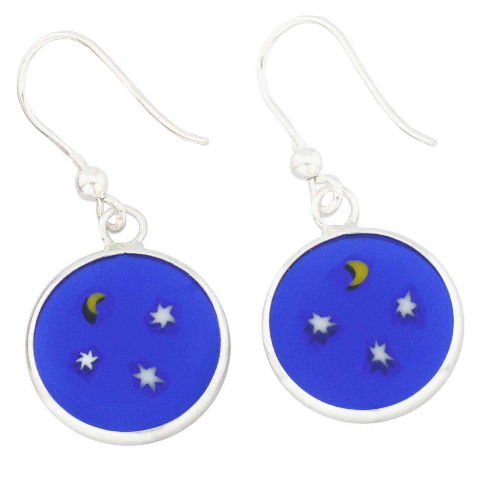 Millefiori Round Dangle Earrings \"Moon and Stars\"- Silver
