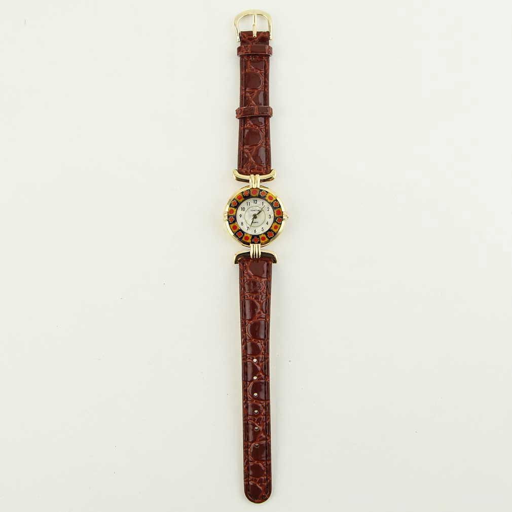 Murano millefiori watch with leather band - brown