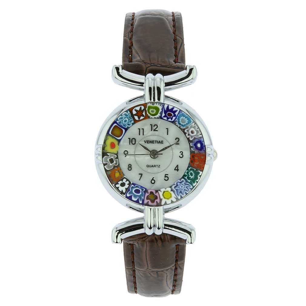 Murano Millefiori Watch With Leather Band - Silver Brown Multicolor
