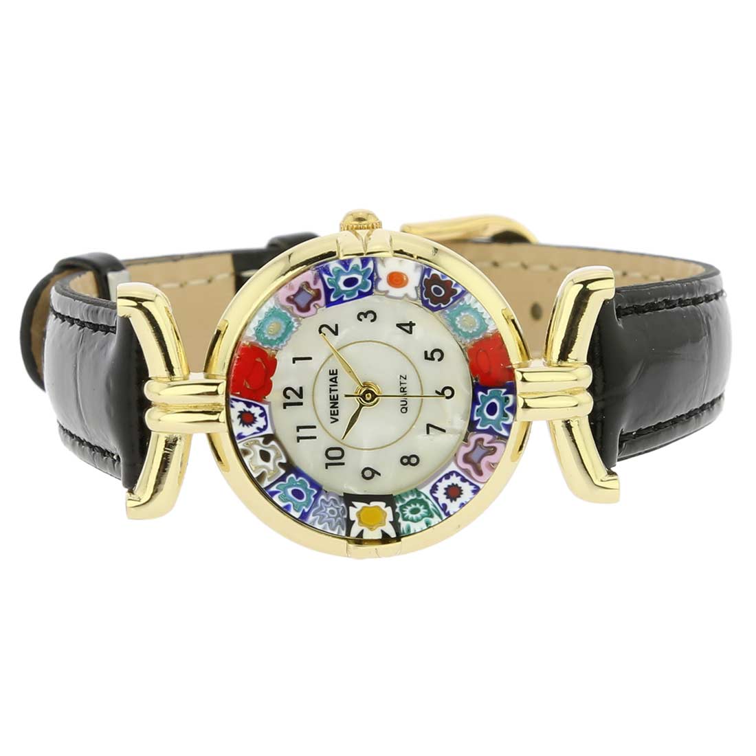 Murano Millefiori Watch With Leather Band - Black Multicolor