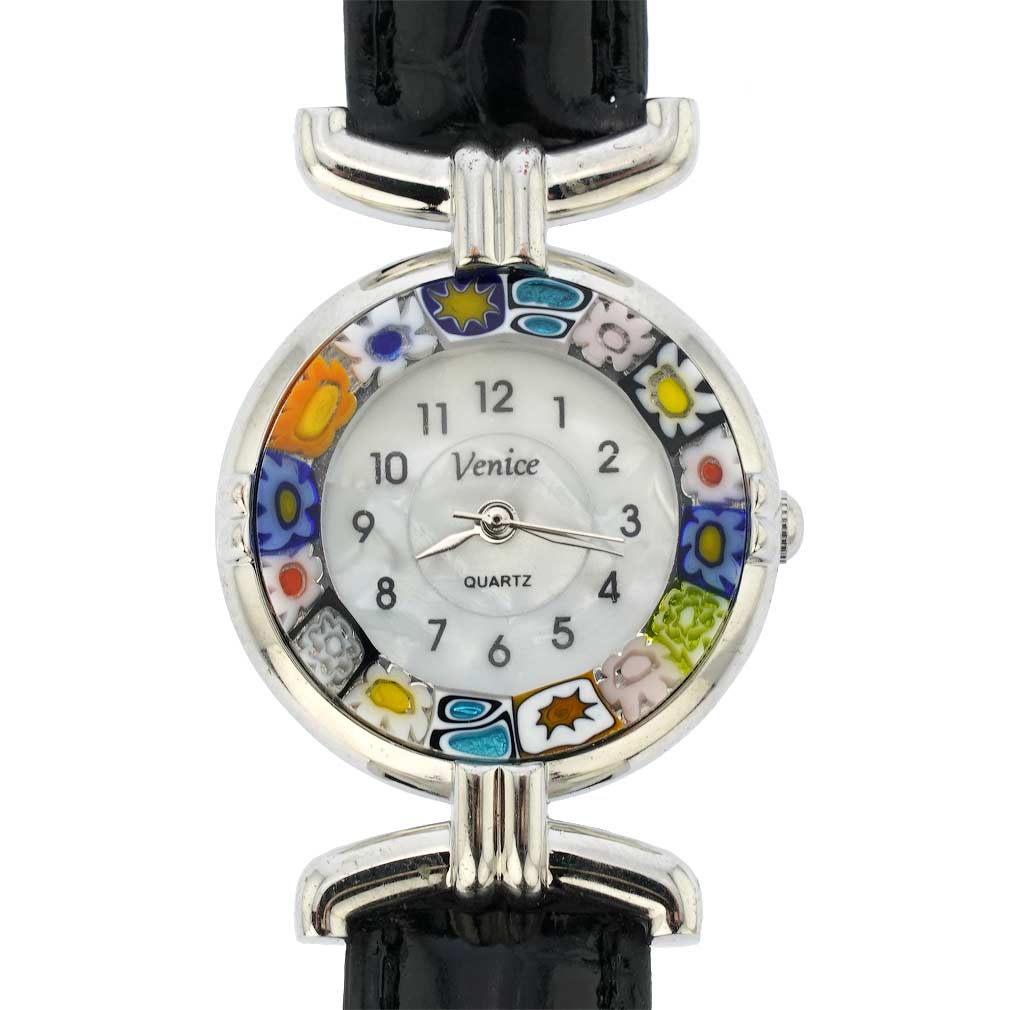 Murano Millefiori Watch With Leather Band - Black Multicolor