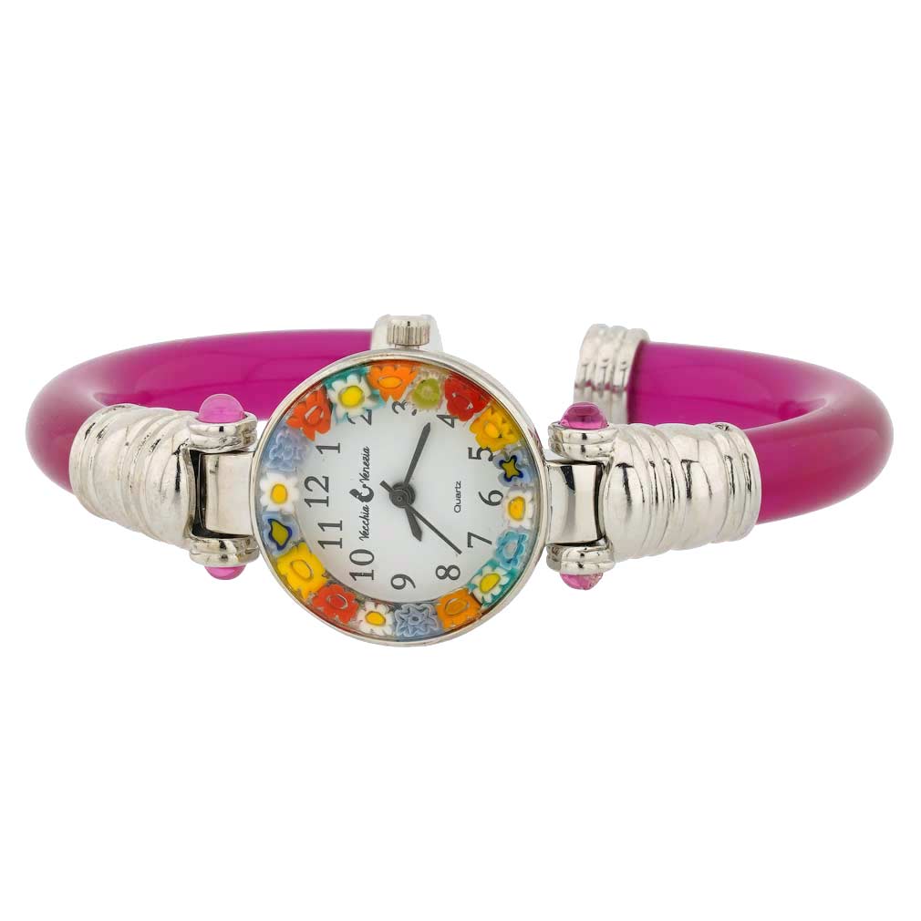 Murano Millefiori Bangle Watch - Silver Magenta Multicolor