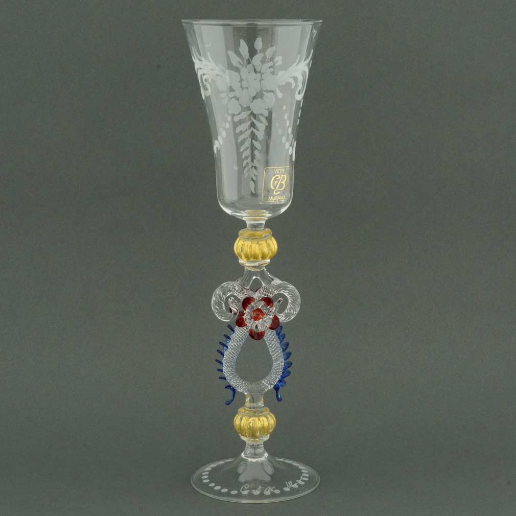 Murano Glass Engraved Champagne Flute - Blue And Red Stem