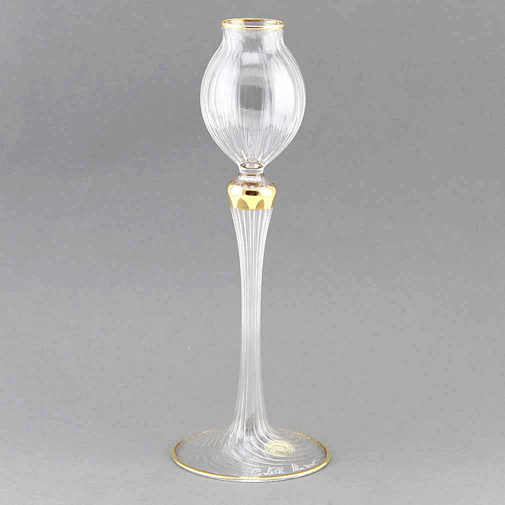 Cristallo and Gold Tall Murano Glass Candle Holder
