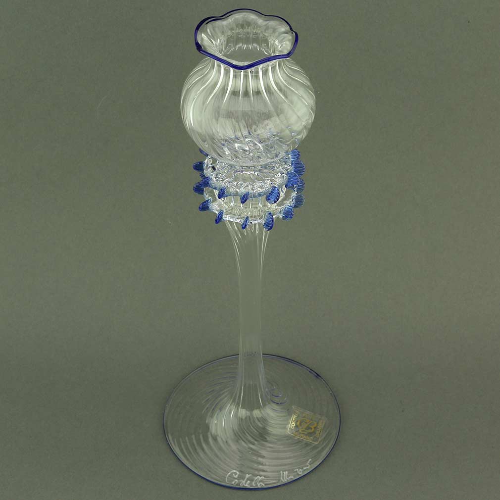 Cristallo and Blue Floral Murano Glass Candle Holder