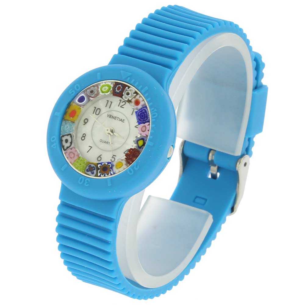 Murano Millefiori Watch with Rubber Band - Aqua Blue