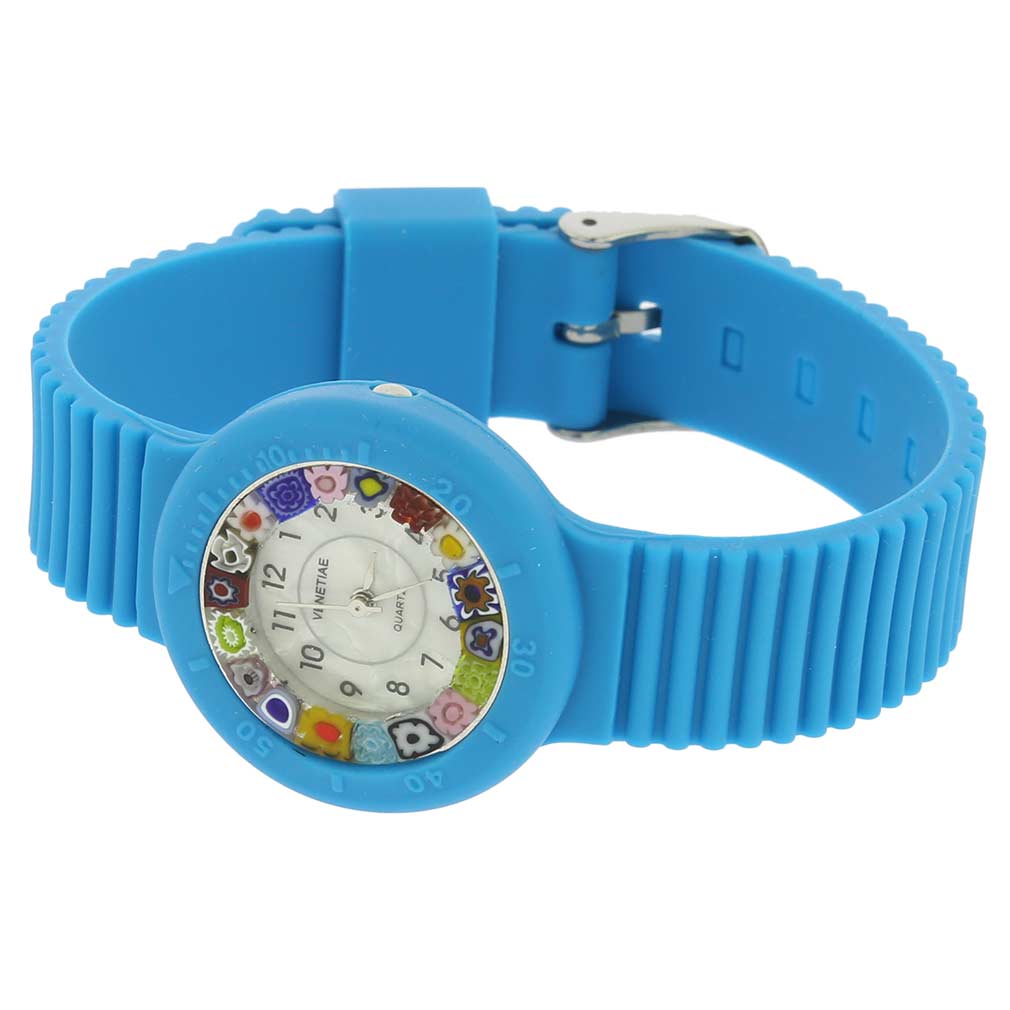 Murano Millefiori Watch with Rubber Band - Aqua Blue
