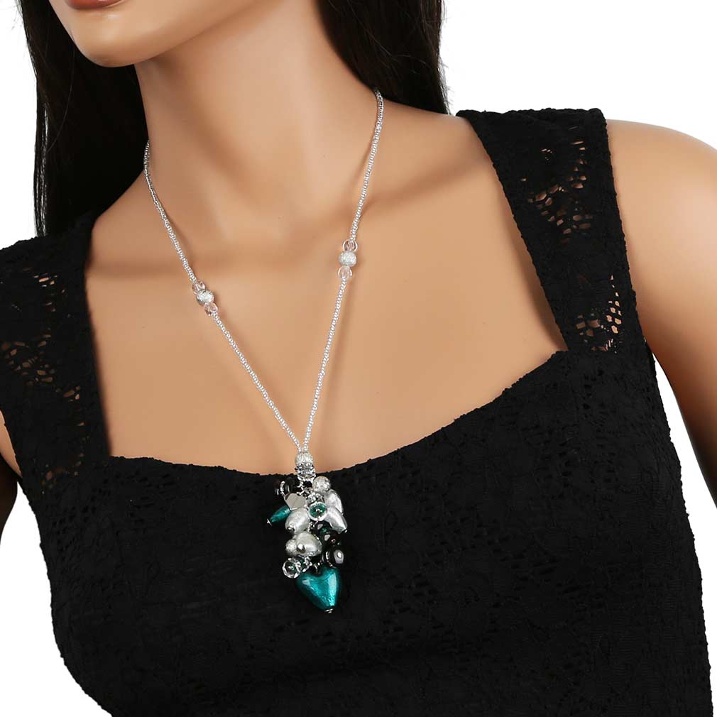 Donatella Murano Glass Heart Charms Necklace - Aqua