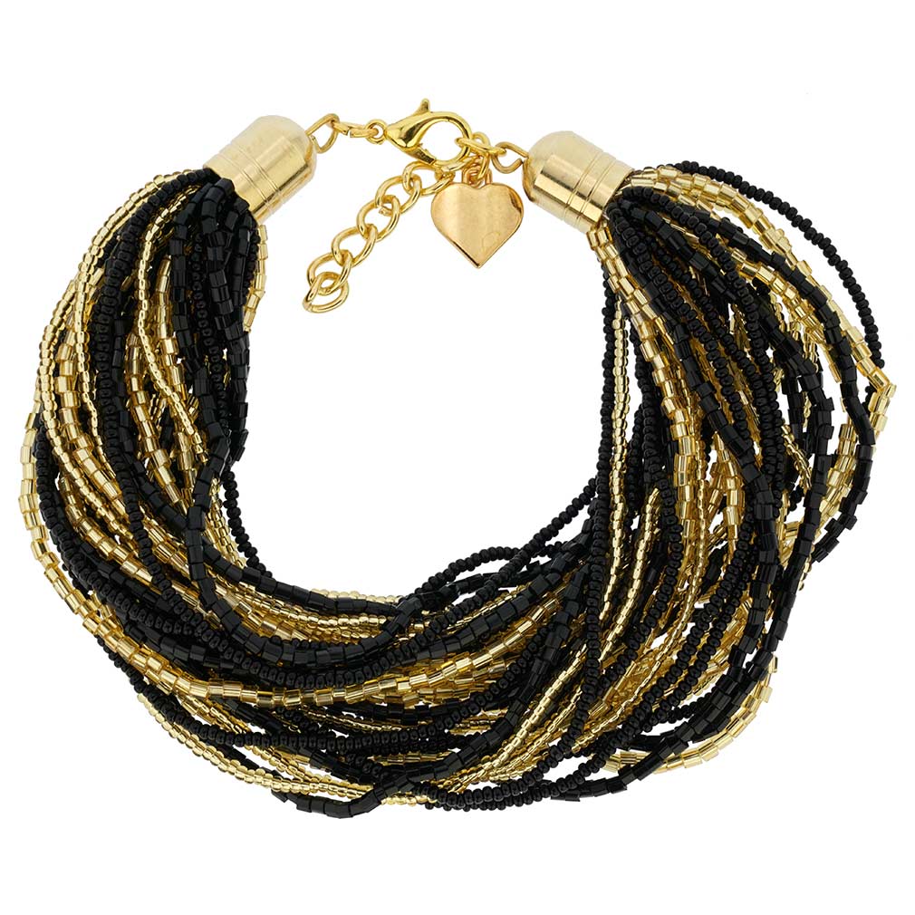 Gloriosa 36 Strand Seed Bead Murano Bracelet - Black and Gold
