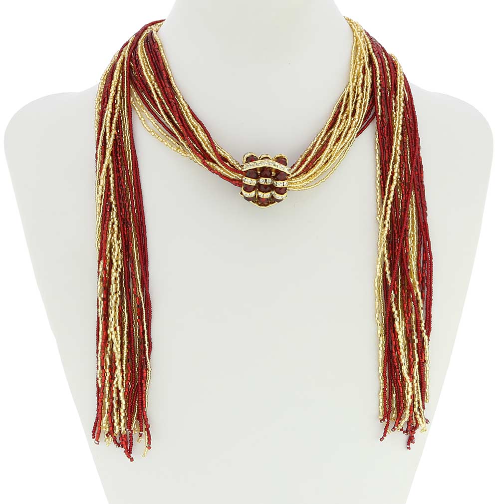 Unica Murano Glass Scarf Wrap Necklace - Red and Gold