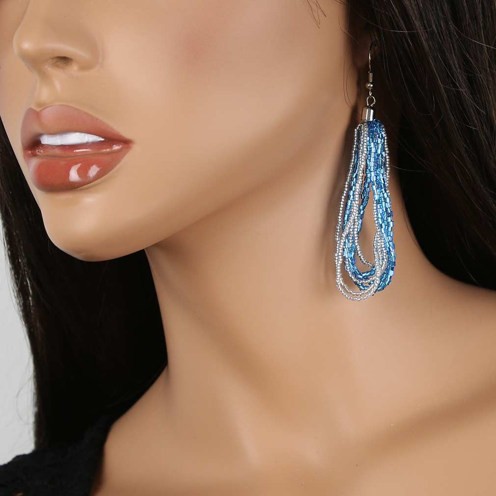Gloriosa Seed Bead Murano Earrings - Silver Aqua