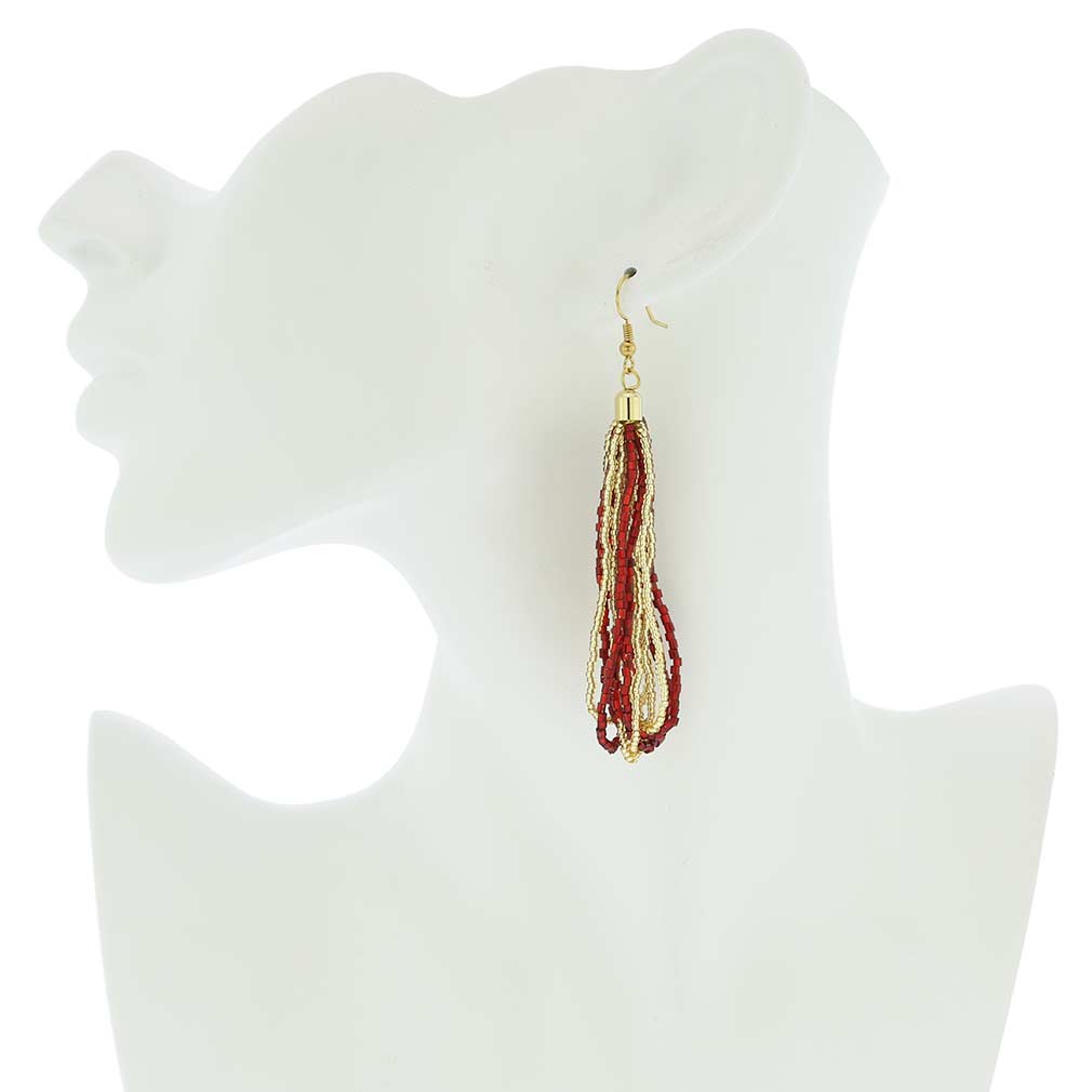 Gloriosa Seed Bead Murano Earrings - Red and Gold
