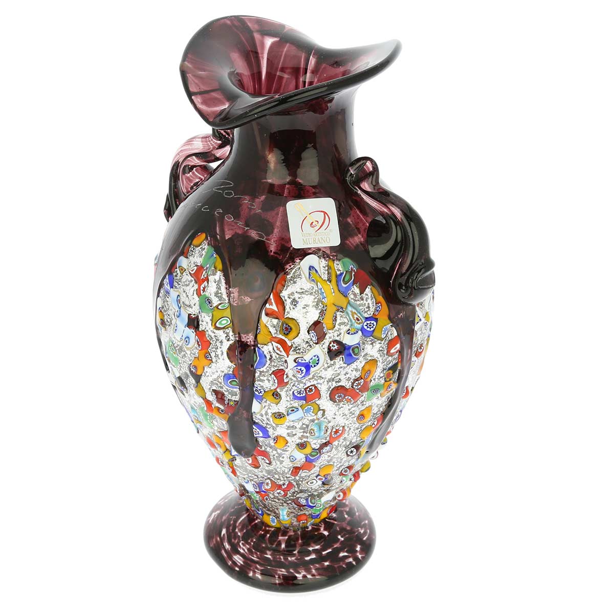 Murano Glass Millefiori Amphora Vase - Silver Purple