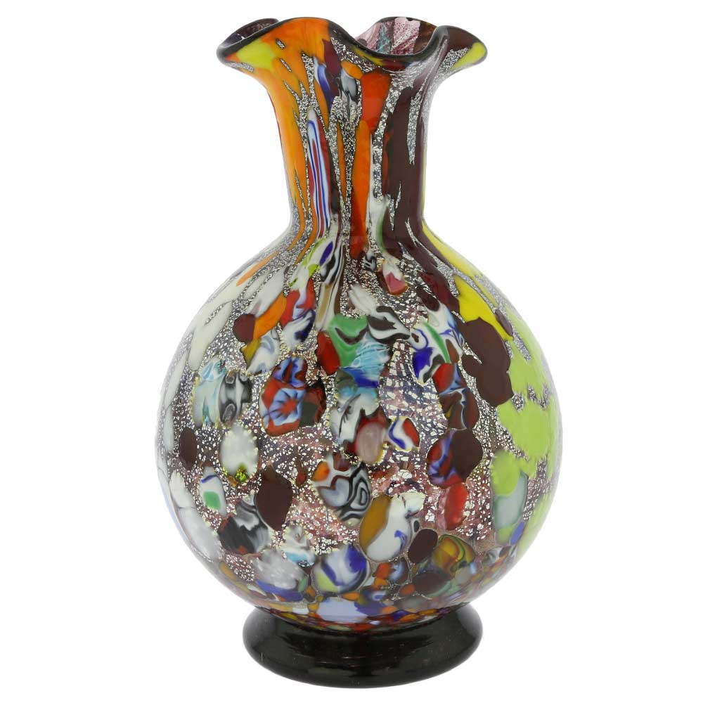 Murano Millefiori Art Glass Vase - Silver Purple