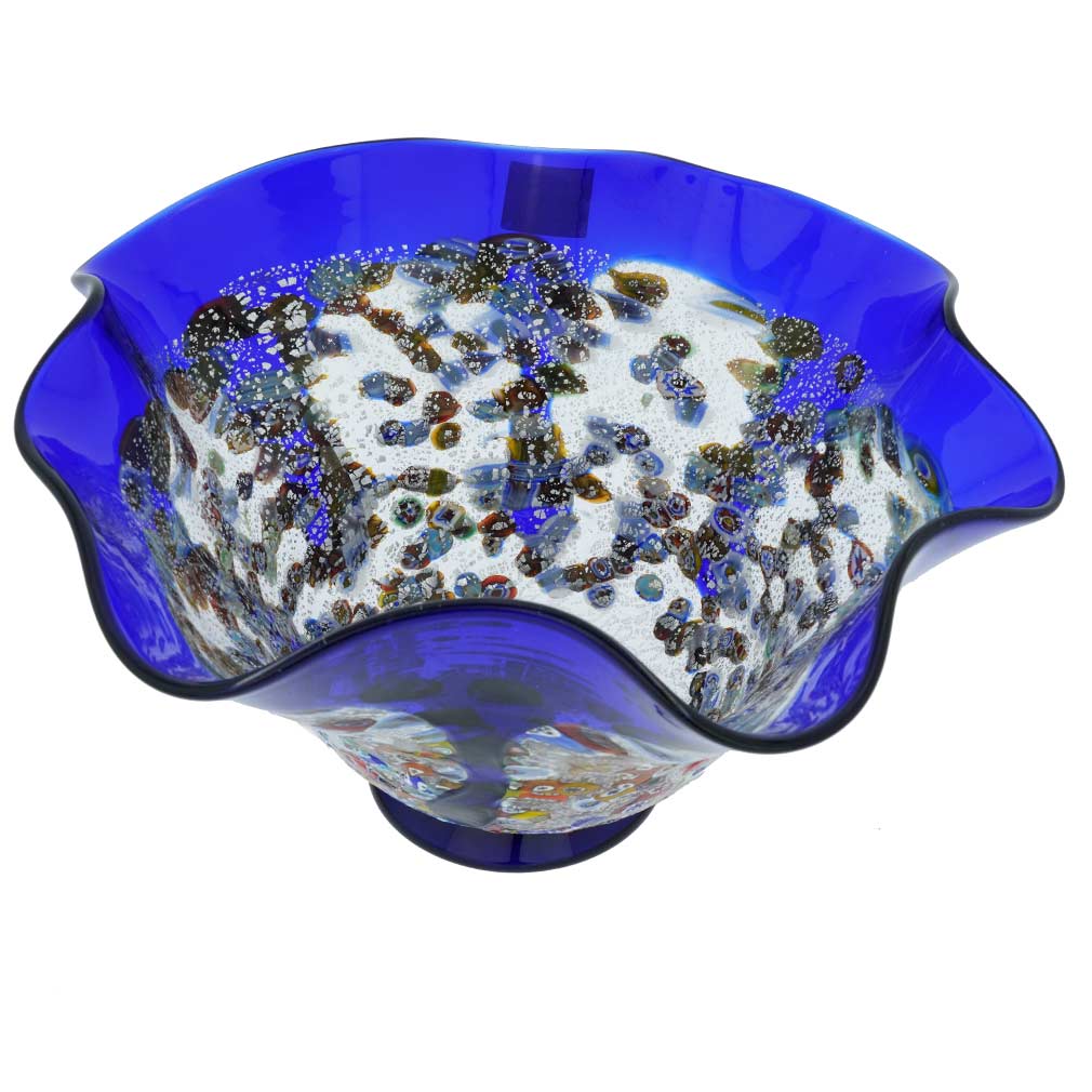 Murano Millefiori Art Glass Round Wavy Bowl - Blue