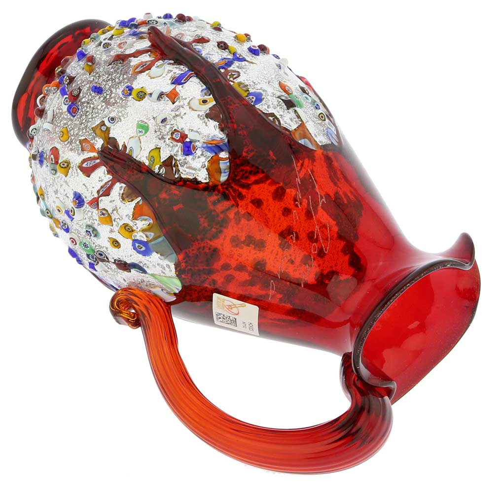 Murano Millefiori Art Glass Pitcher / Carafe - Red