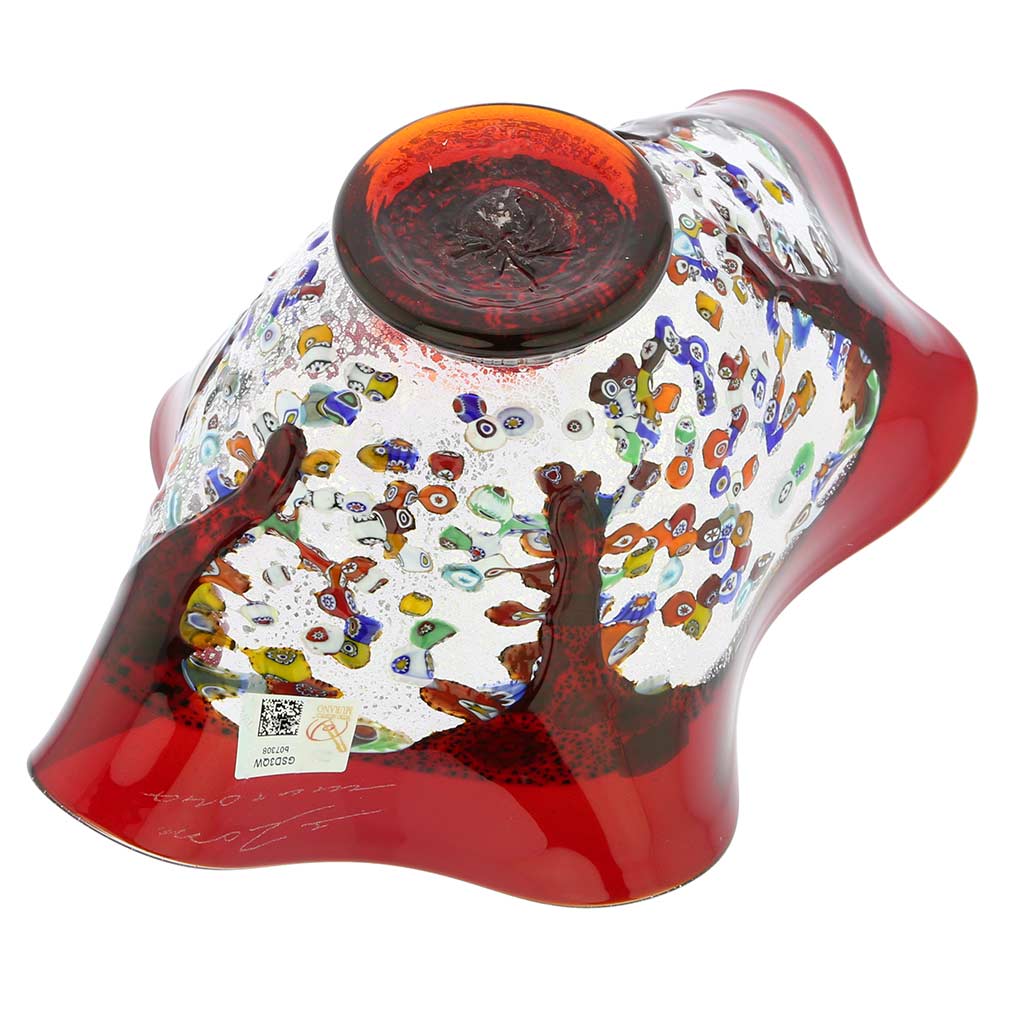Murano Millefiori Art Glass Wavy Bowl - Red