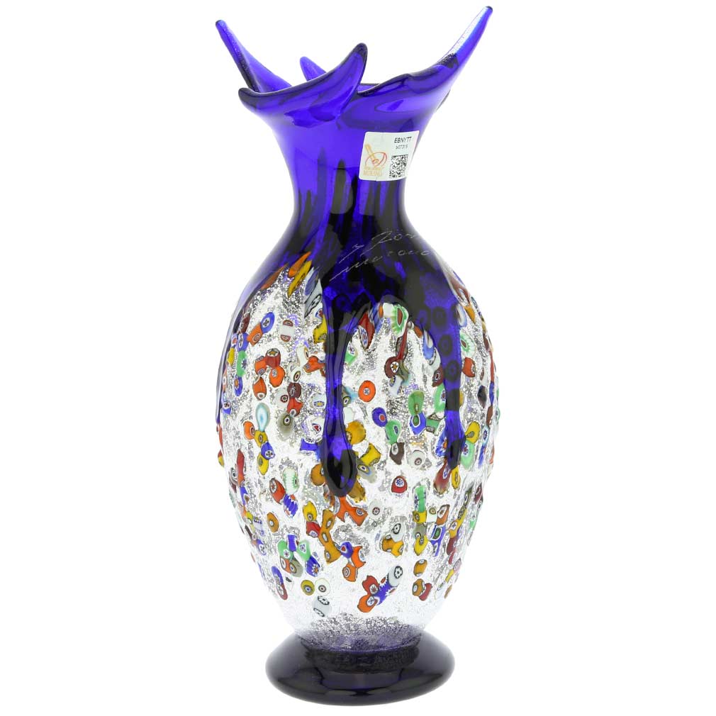 Murano Millefiori Art Glass Spiky Amphora Vase - Blue