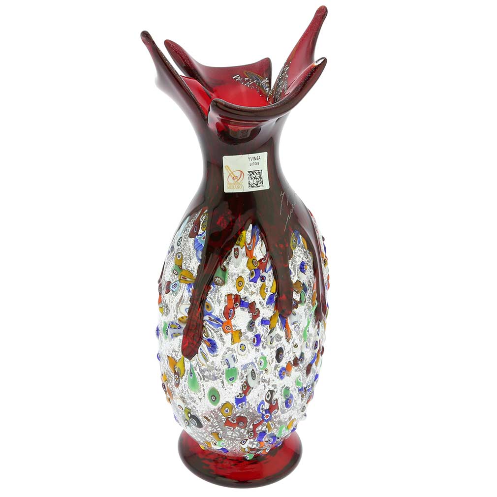 Murano Millefiori Art Glass Spiky Amphora Vase - Red
