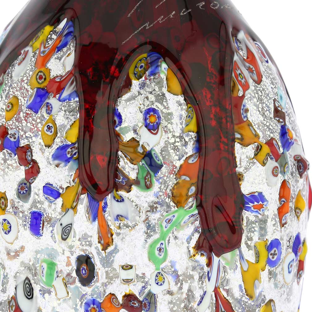 Murano Millefiori Art Glass Spiky Amphora Vase - Red