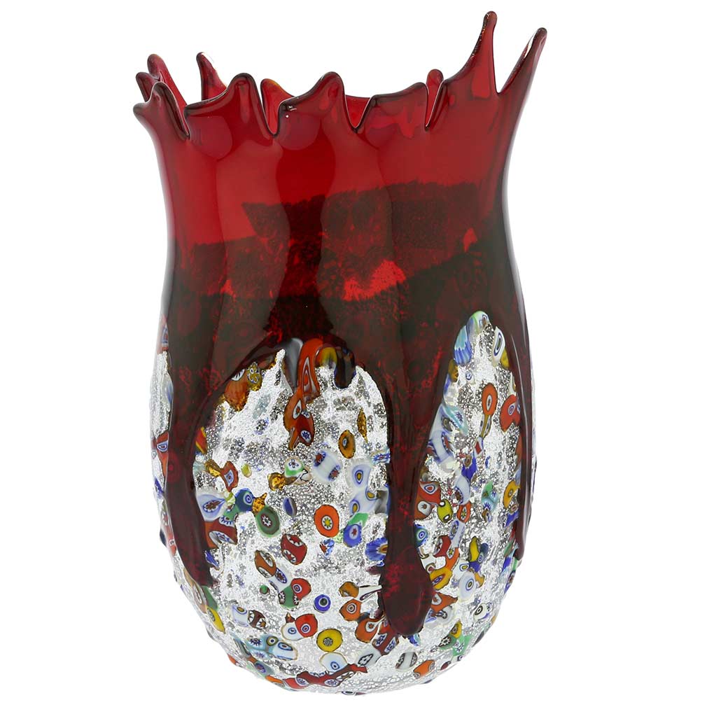 Murano Millefiori Art Glass Spiky Vase - Red