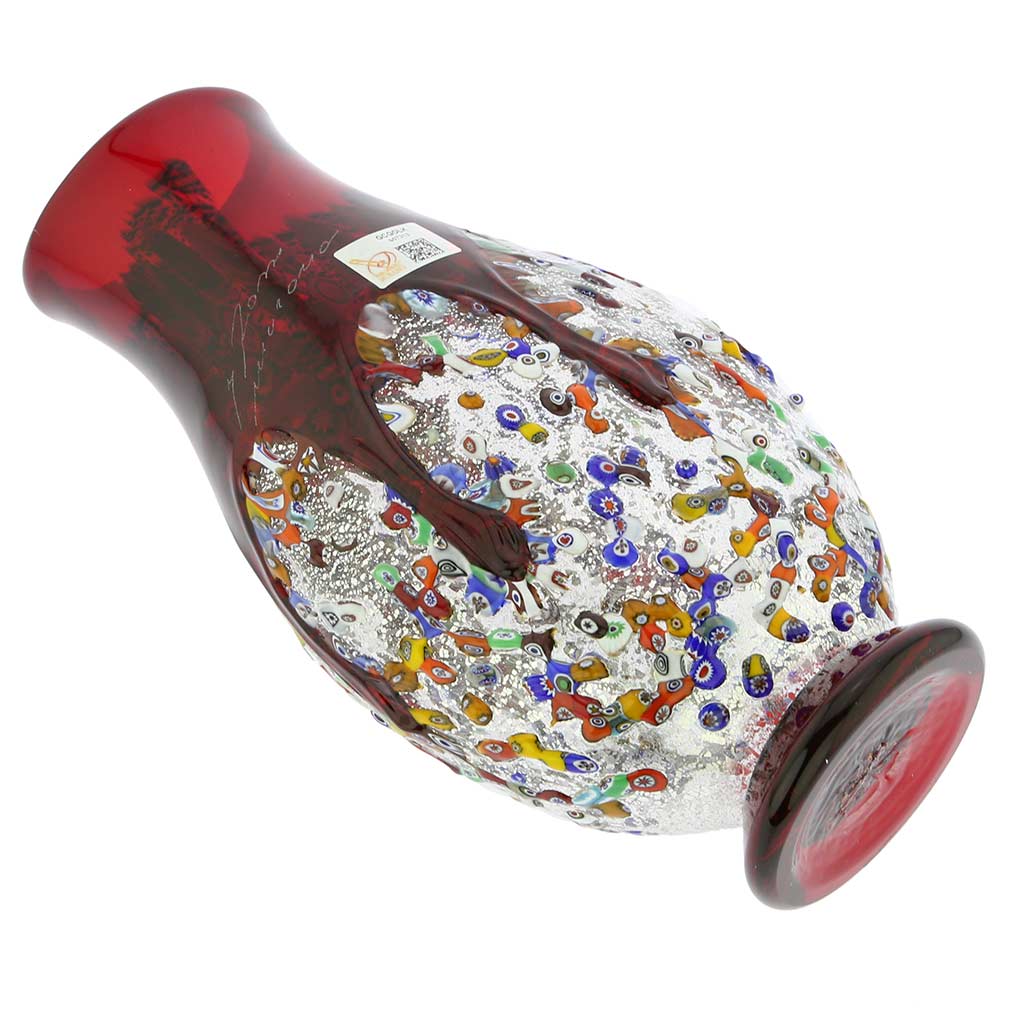 Murano Millefiori Art Glass Bottle Vase - Red