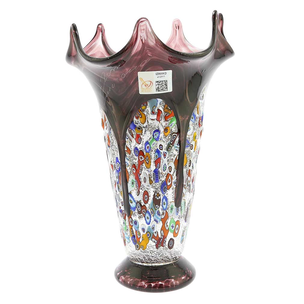 Murano Millefiori Art Glass Fazzoletto Vase - Silver Purple