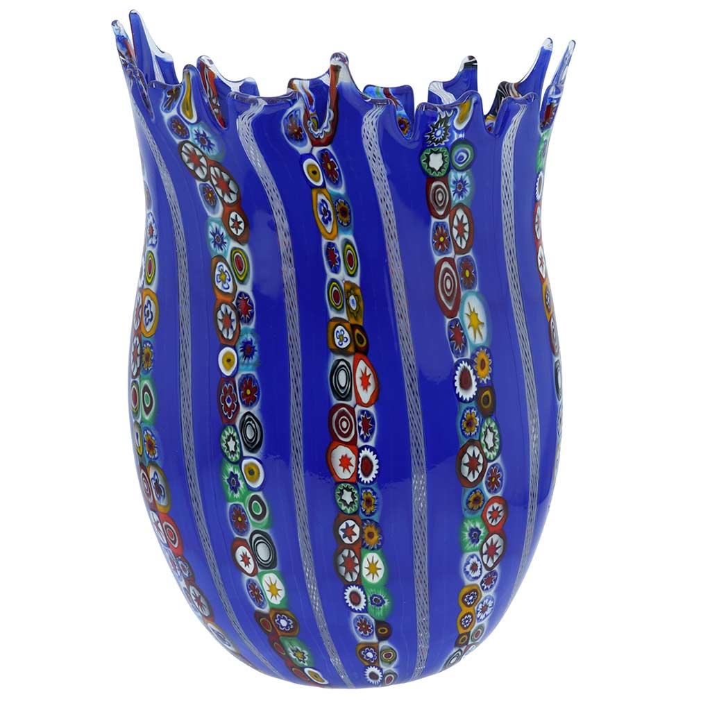 Blue Murano Glass Fazzoletto Millefiori Filigrana Vase - Large